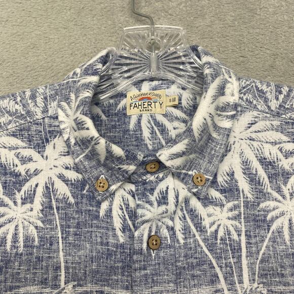 Faherty Shirt Mens Small Blue Breeze Hemp Hawaiian Palm Button Casual Preppy - Picture 3 of 9